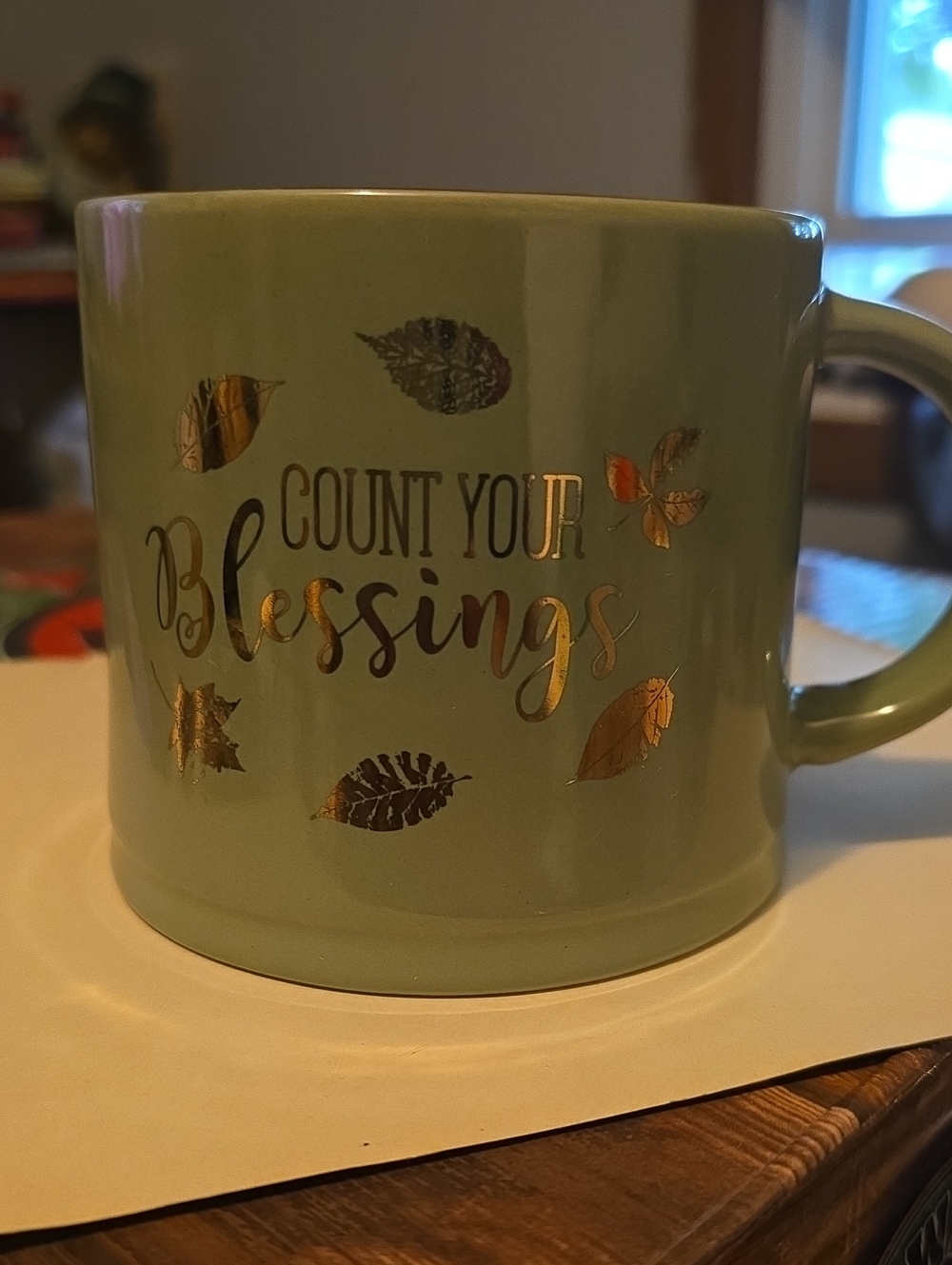 Global Desi Sage Green Ceramic Mug with Gold Leaf Script